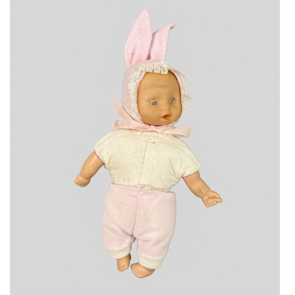 Vintage Miniature Baby Doll Pink Bunny Ears Bonnet Sleepy Eyes 7 Inch Easter